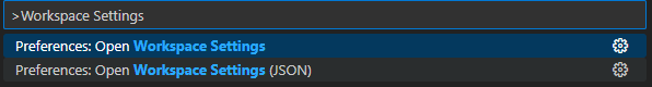 Command Palette showing workspace settings commands.