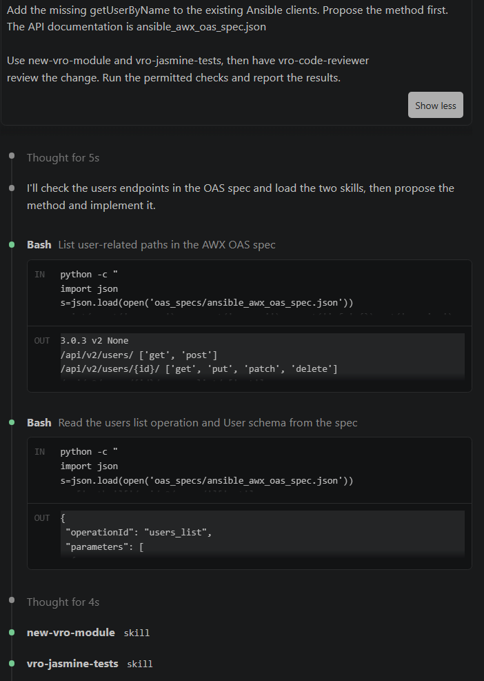 Claude Code showing the getUserByName prompt, inspection of the AWX users endpoints and schema, and invocation of new-vro-module and vro-jasmine-tests.