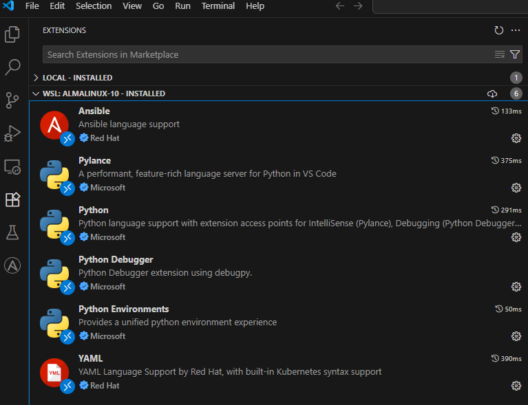 Red Hat Ansible extension installed in WSL.