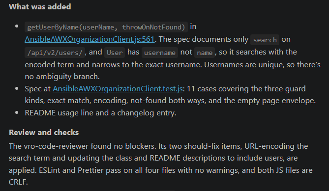 Claude summarises getUserByName, 11 Jasmine test cases, documentation changes, two review corrections and passing ESLint and Prettier checks.