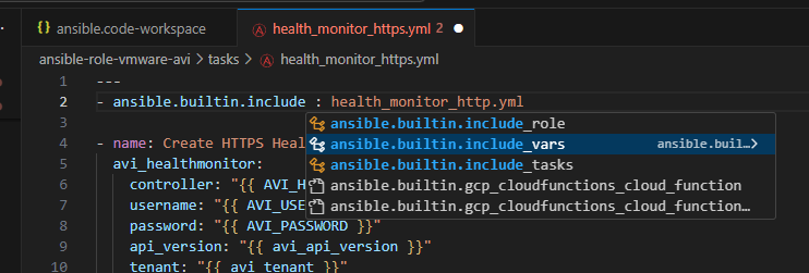 IntelliSense suggesting a fully qualified Ansible module name.