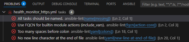 Ansible diagnostics listed in the Problems panel.