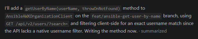 Claude proposes getUserByName in AnsibleAWXOrganizationClient, using the users search endpoint and an exact username match.