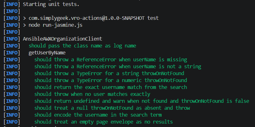 Jasmine output showing passing AnsibleAWXOrganizationClient checks for logging and getUserByName validation, matching, missing users, encoding and an empty page envelope.