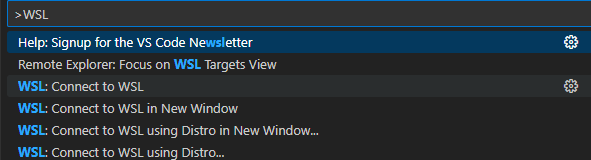 Command Palette showing WSL: Connect to WSL.