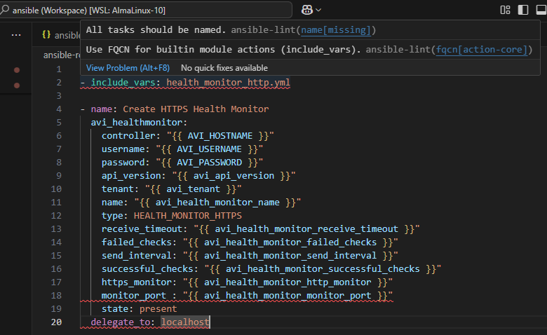 Ansible lint diagnostics in a YAML file.