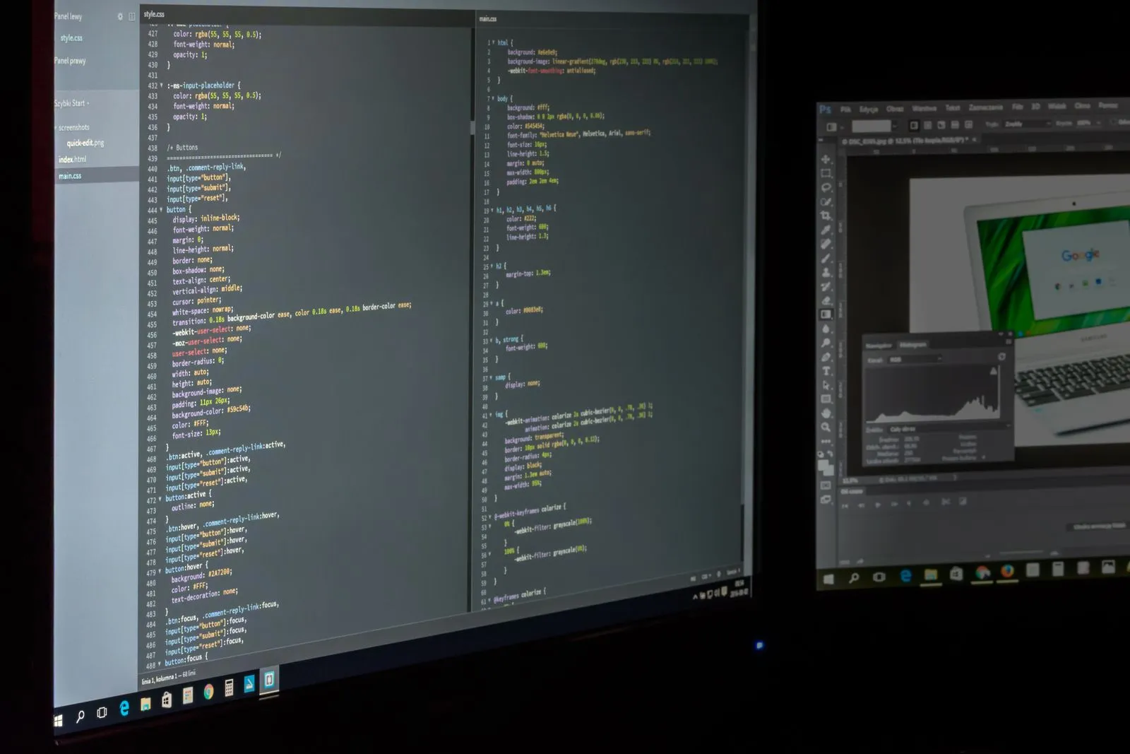 Two monitors displaying development and design tools.